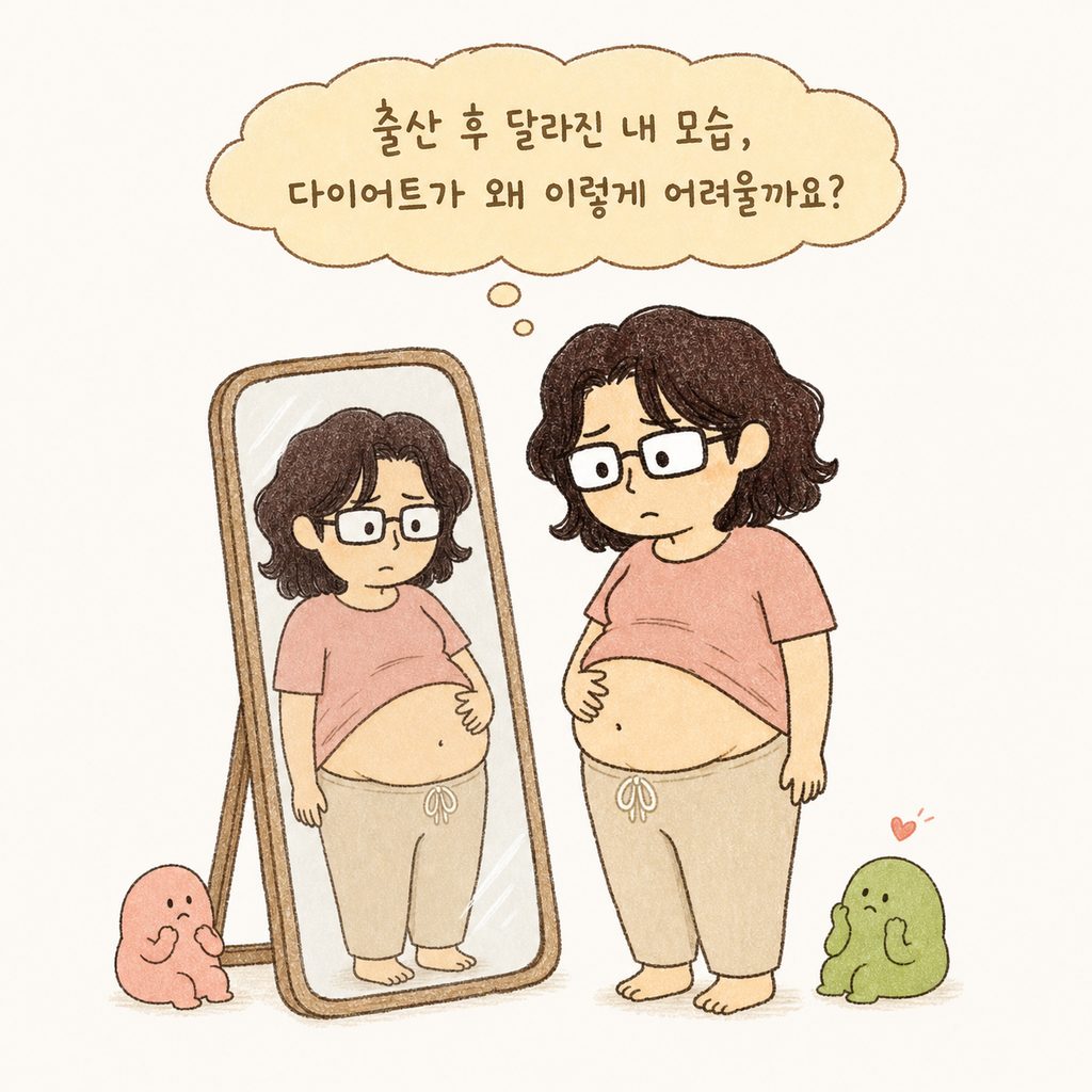 거울 속 자신의 배를 보며 조금 속상한 표정을 짓고 있는 여성 캐릭터. 공감대를 형성하는 도입부 장면