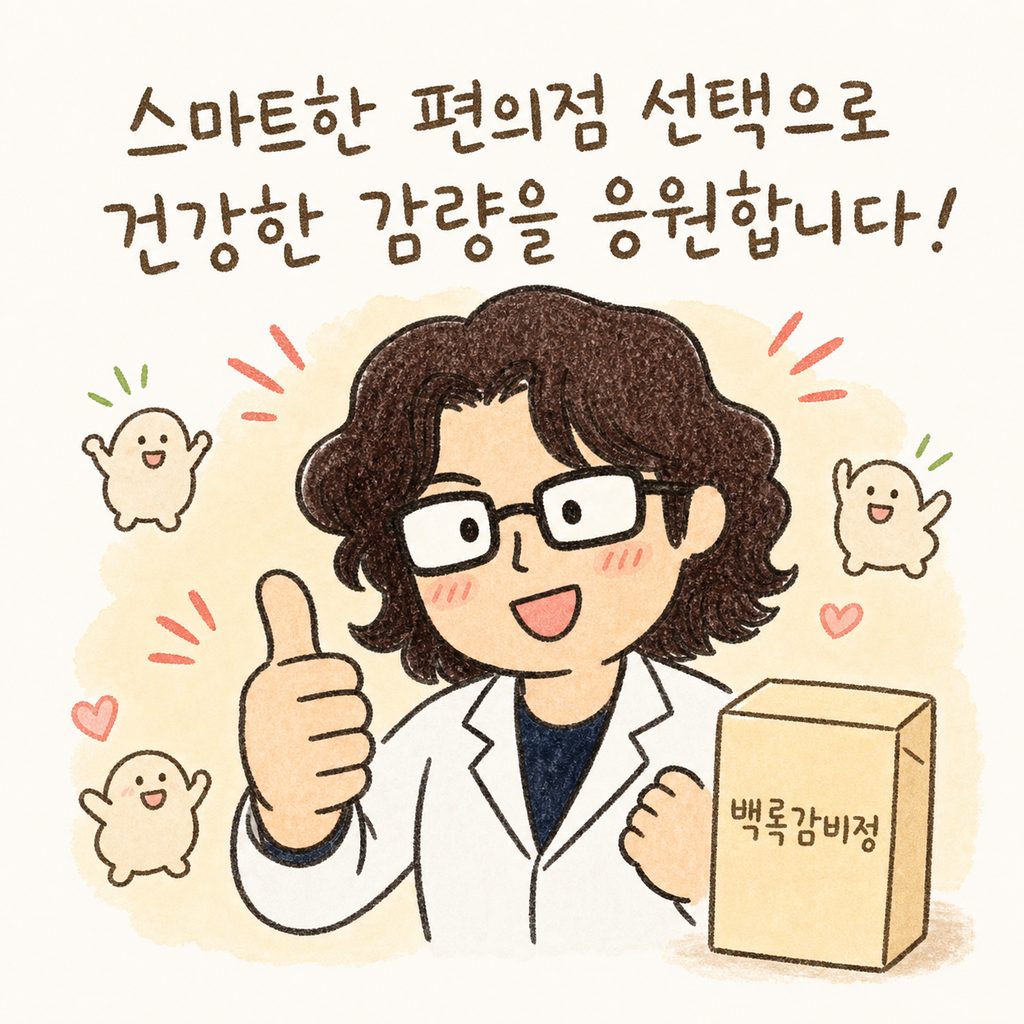 한의사 캐릭터가 엄지손가락을 치켜세우며 응원하는 모습, 옆에는 백록감비정 패키지가 작게 놓여 있음