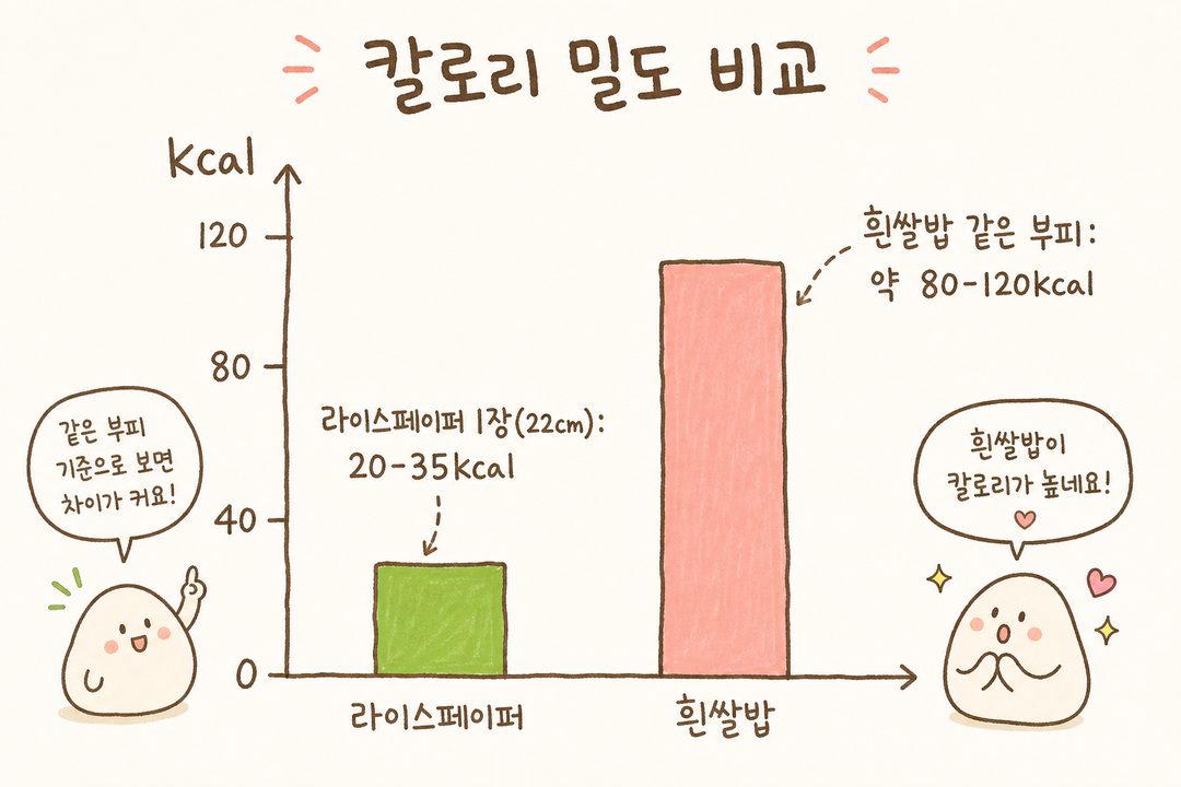 라이스페이퍼와 흰쌀밥의 칼로리 밀도를 비교하는 단순 막대그래프. 같은 부피에서 라이스페이퍼(20-35kcal)가 흰쌀밥(약 80-120kcal)보다 훨씬 낮음을 시각적으로 표현하여