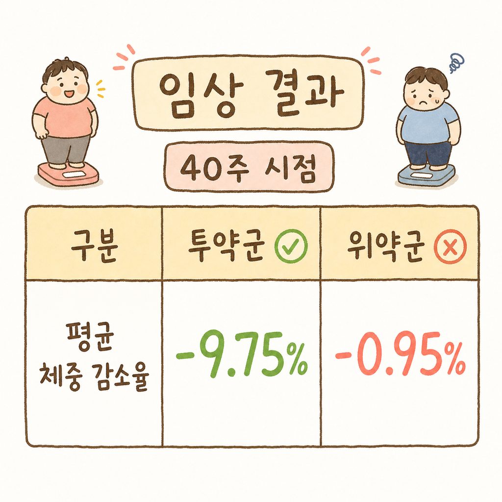 한미약품 에페글레나타이드의 임상 결과를 보여주는 비교표. 위약군과 투약군의 체중 감소율을 명확하게 대비.