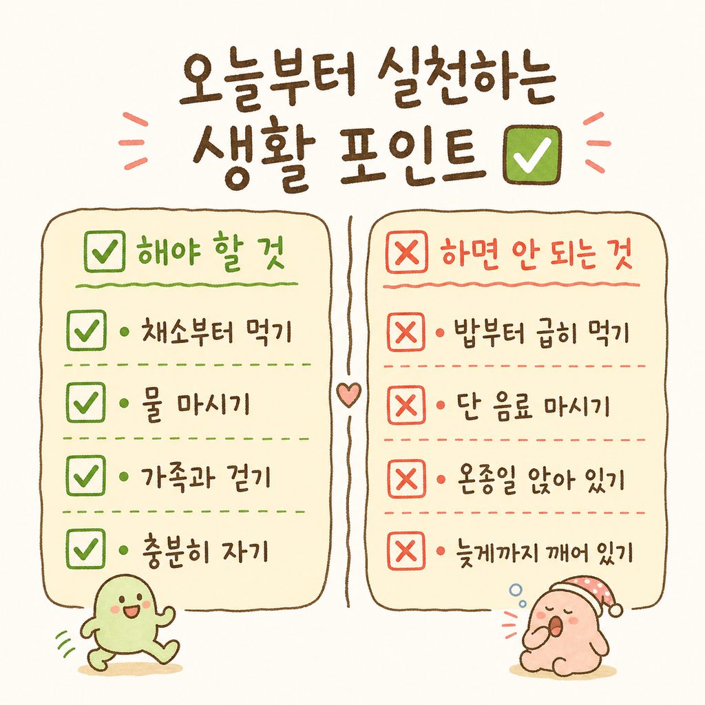 가정에서 실천할 수 있는 4가지 핵심 습관을 체크박스 형태로 나열한 리스트 (식사순서, 액상과당, 가족걷기, 충분한수면)