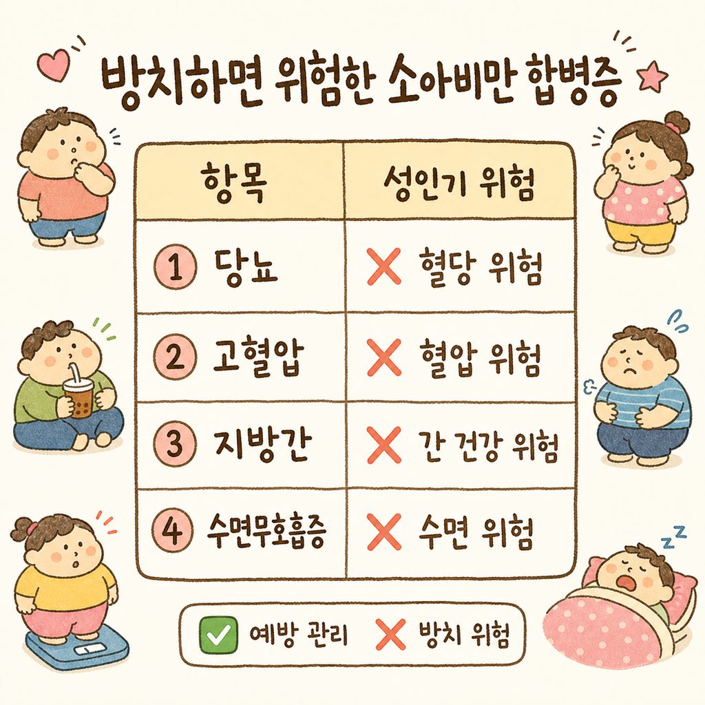 소아비만이 성인으로 이어졌을 때 발생할 수 있는 위험 요소를 4가지 항목으로 정리한 비교표 (당뇨, 고혈압, 지방간, 수면무호흡증)