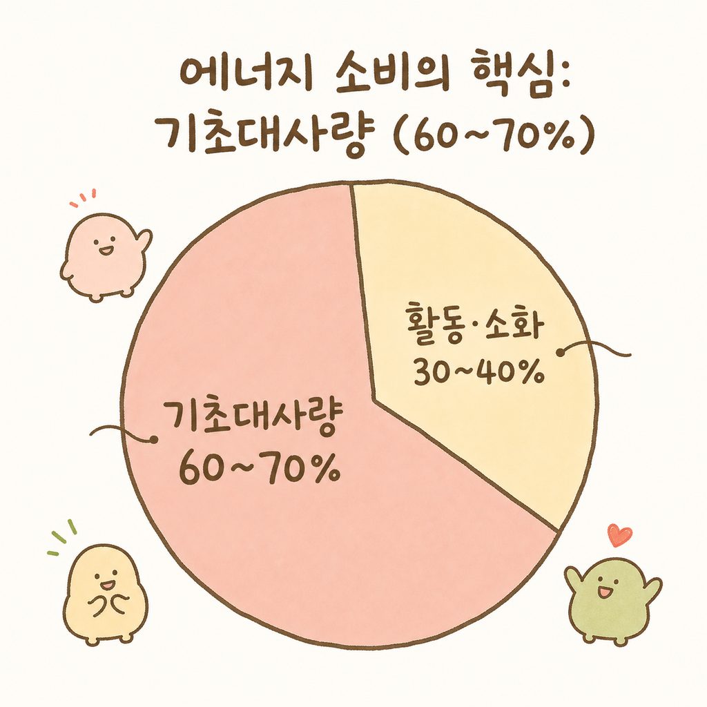 하루 총 에너지 소비량을 나타내는 원형 차트. 기초대사량이 60~70%를 차지하는 것을 시각적으로 강조