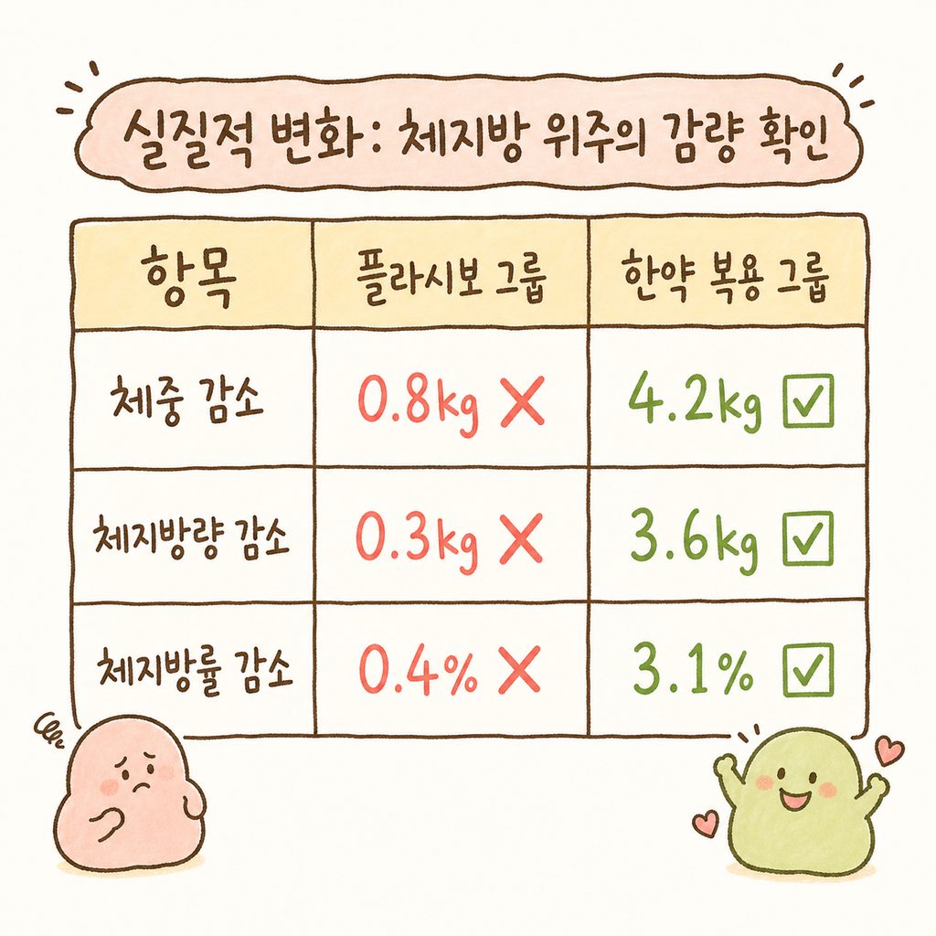 임상 시험 결과를 비교하는 표 (플라시보 그룹 vs 한약 복용 그룹의 체중, 체지방량, 체지방률 감소치 비교)