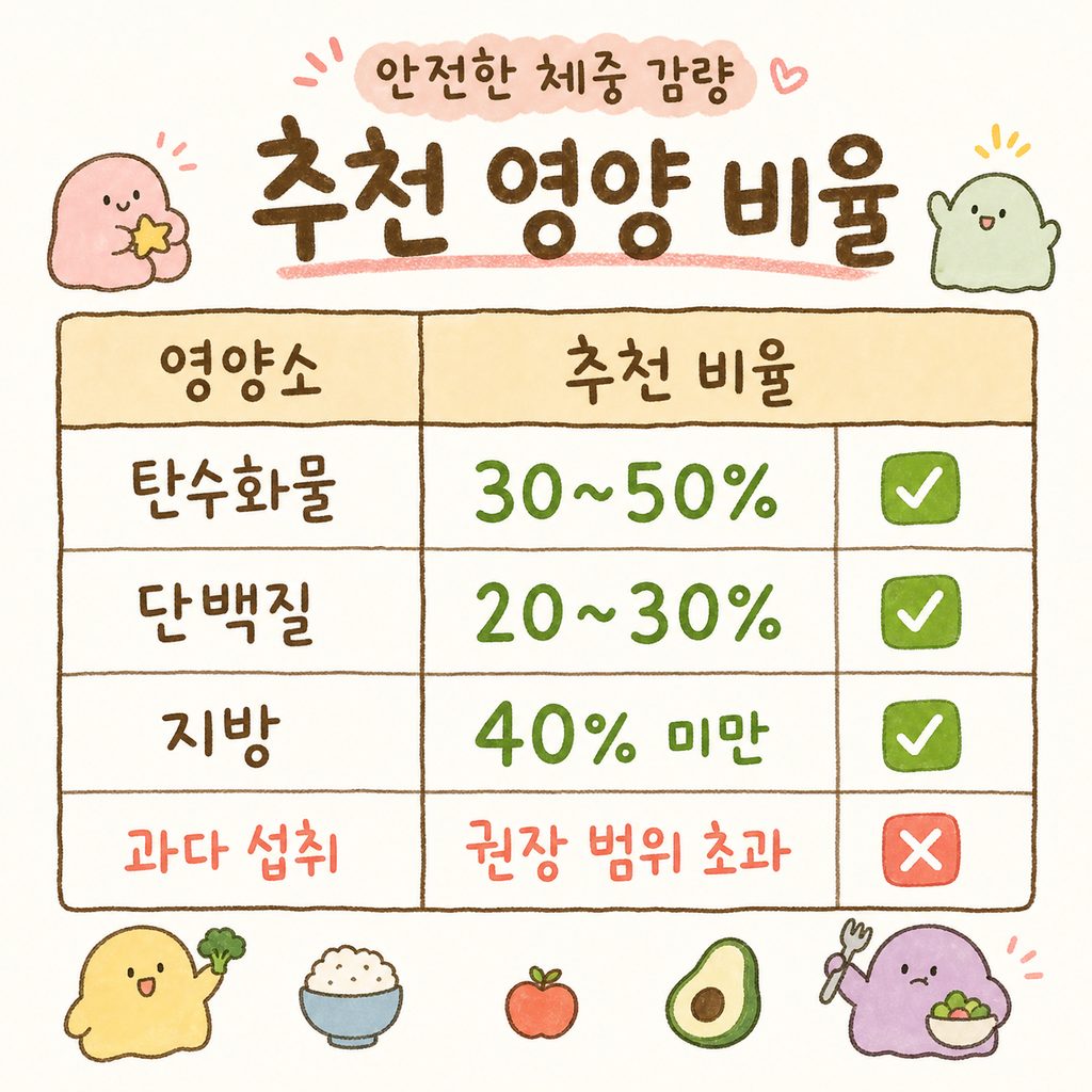 안전한 체중 감량을 위한 영양 비율 비교표. 탄수화물, 단백질, 지방의 권장 비율을 명확하게 구분한 표 형태.