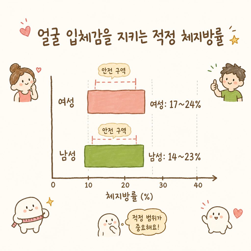 남성과 여성의 적정 체지방률 범위를 보여주는 단순한 막대 차트 . 여성(17-24%)과 남성(14-23%) 구간을 강조 색상으로 표시하여 안전 구역임을 나 타냄