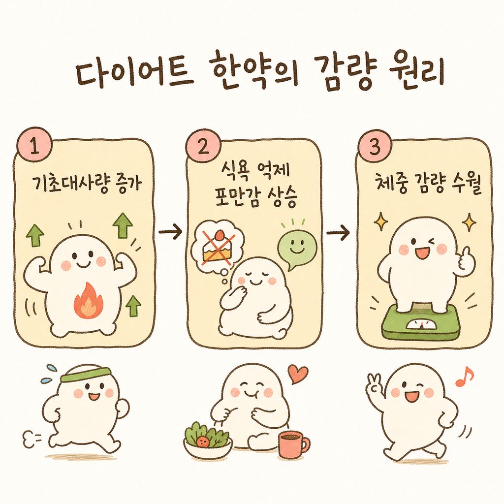 한약 복용 후 체중 감량 프로세스를 보여주는 플로우 차트 (기초대사량 증가 → 식욕 억제/포만감 상승 → 체중 감량 수월)