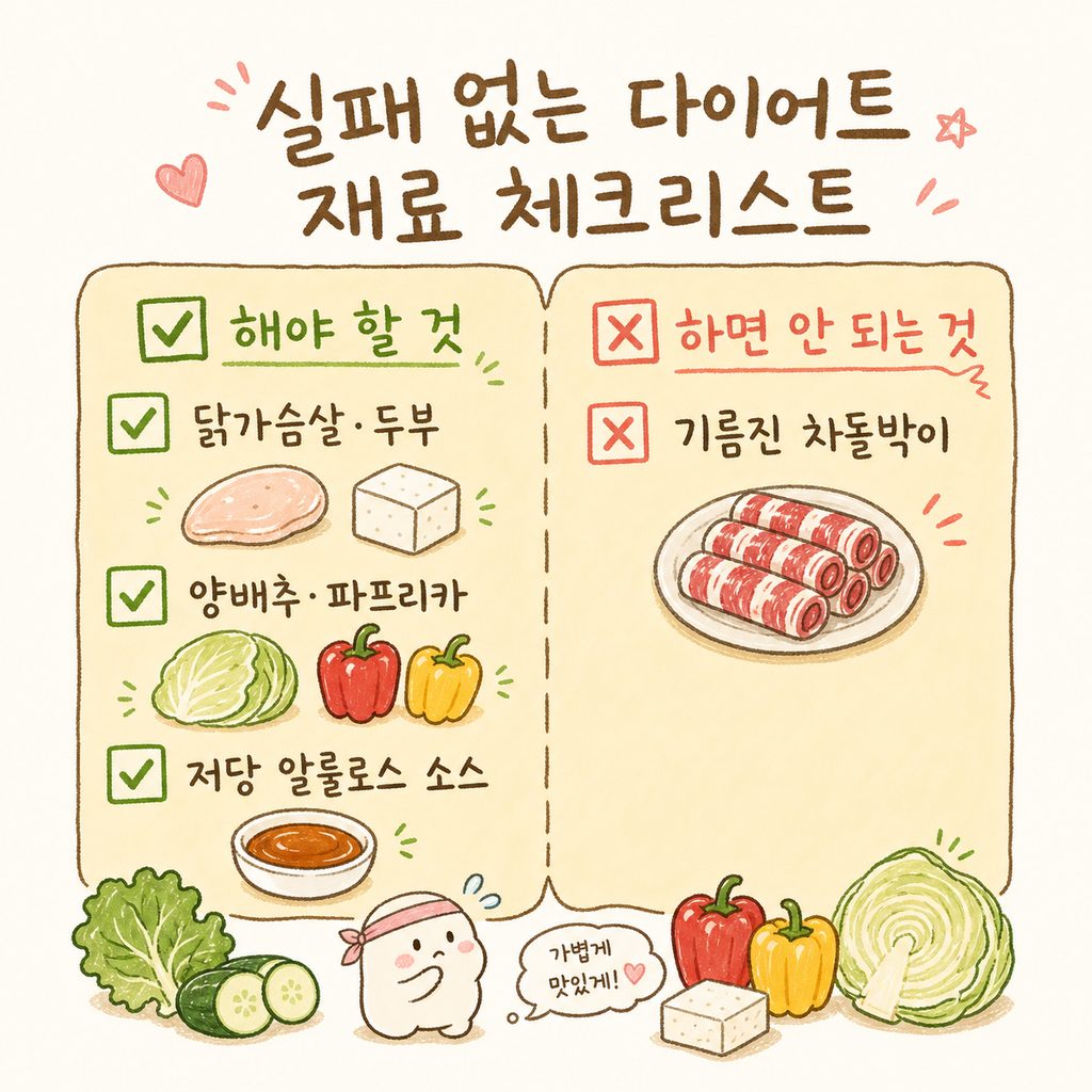다이어트 월남쌈 재료 체크리스트. [✅ 닭가슴살·두부, ✅ 양배추·파프리카, ✅ 저당 알룰로스 소스, ✗ 기름진 차돌박이] 4가지 항목으로 구성된 체크리스트
