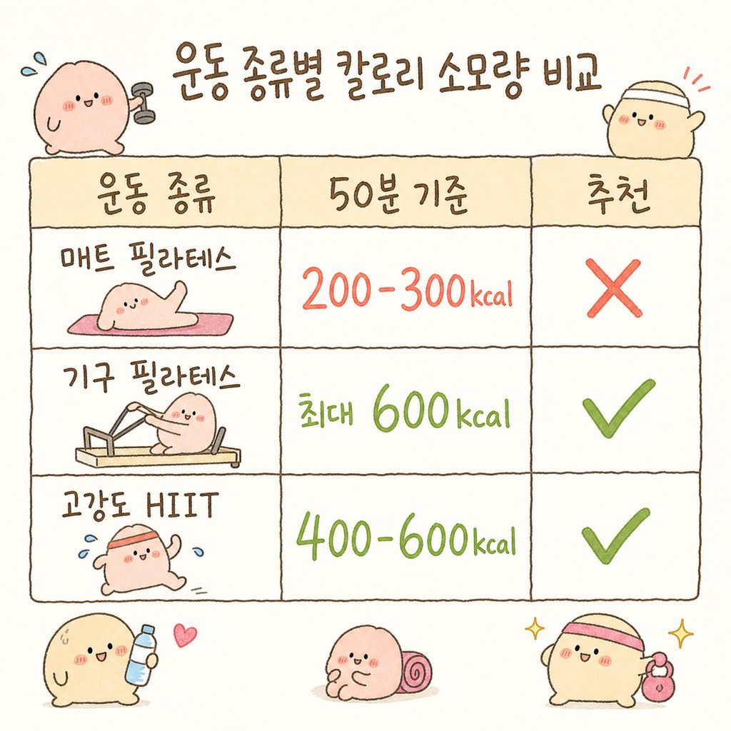 운동 종류별 50분 기준 칼로리 소모량을 비교한 깔끔한 표. 매트 필라테스(200-300kcal), 기구 필라테스(최대 600kcal), 고강도 HIIT(400-600kca HII