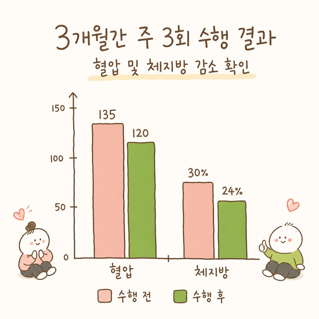 필라테스 수행 전과 후의 변화를 보여주는 단순한 막대그래프. '혈압'과 '체지방' 두 가지 항목이 눈에 띄게 감소한 형태의 차트.