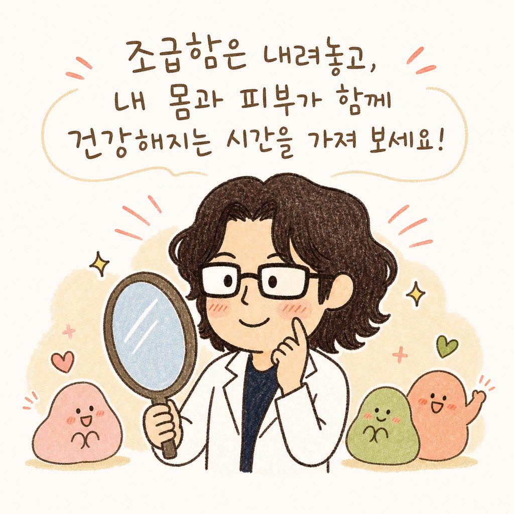 캐릭터가 이제는 만족스러운 표정으로 거울을 보며, 건강하고 생 기 있는 피부 톤과 탄력을 되찾아 자신감 있게 미소 짓고 있는 마무리 컷