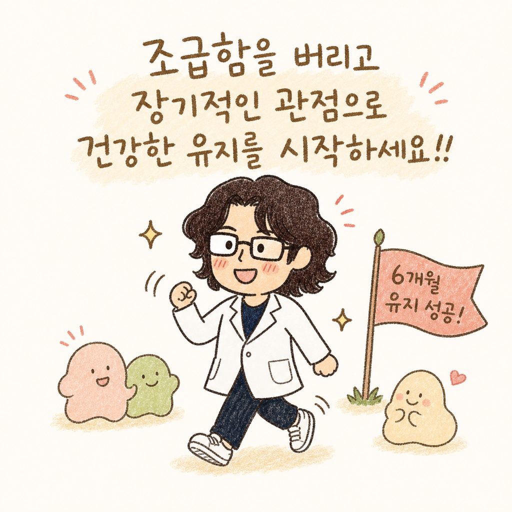 캐릭터가 밝은 표정으로 운동화를 신고 가볍게 걷고 있는 모습. . 옆에는 '6개월 유지 성공!'이라는 작은 깃발 아이콘