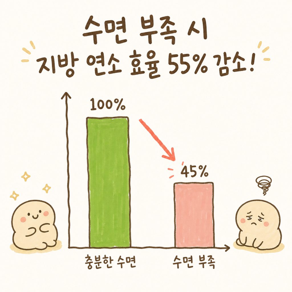 수면 부족이 체중 감량 효율에 미치는 영향을 보여주는 단순 막대 그래프. 지방 감소율이 뚝 떨어지는 모습 강조.