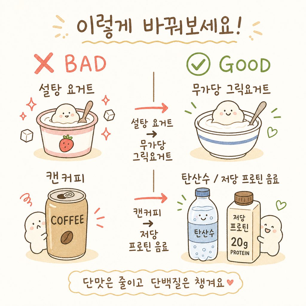 화면을 반으로 나누어 왼쪽(X)에는 설탕 요거트와 캔커피, 오른쪽(O)에는 그릭요거트와 탄산수/프로틴 음료를 배치한 대비 컷