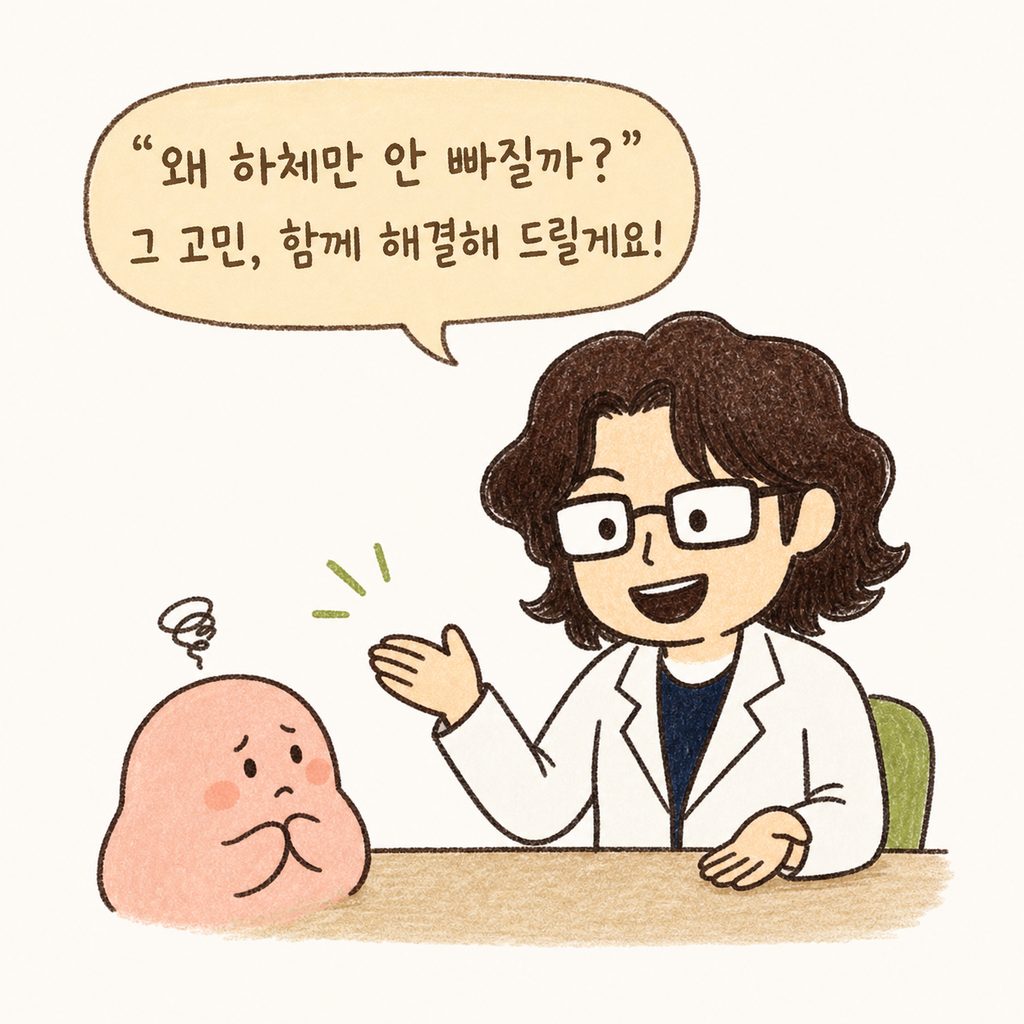 친절한 인상의 한의사 캐릭터가 진료실 책상 앞에 앉아 고민하는 환자를 따뜻하게 맞이하며 공감하는 모습