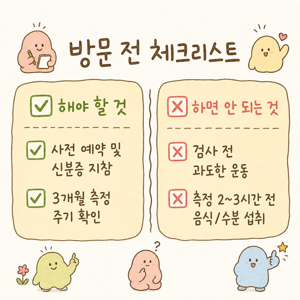 보건소 방문 전 꼭 확인해야 할 주의사항을 ✅와 ✗ 아이콘을 사용하여 시각화한 체크리스트 컷