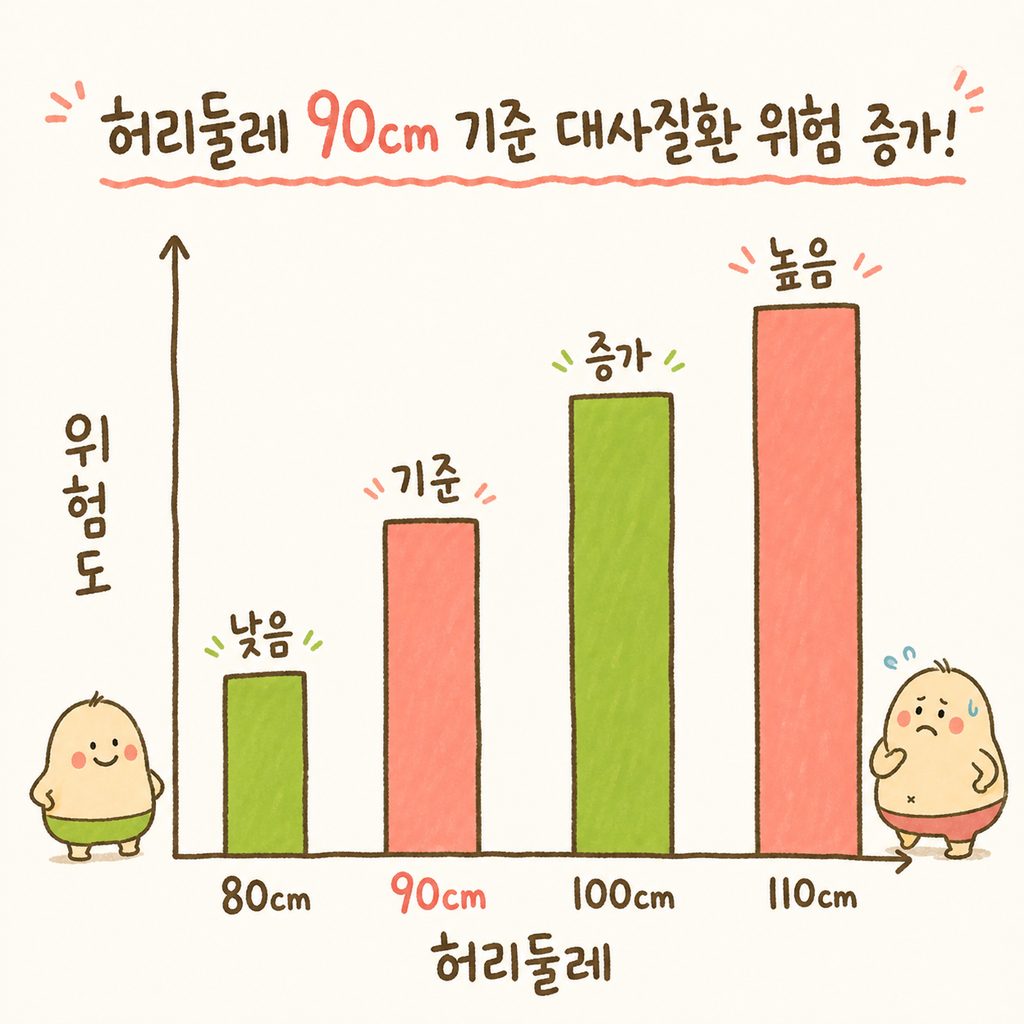 남성 허리둘레 수치에 따라 대사증후군 위험도가 상승하는 것을 보여주는 우상향 막대 그래프