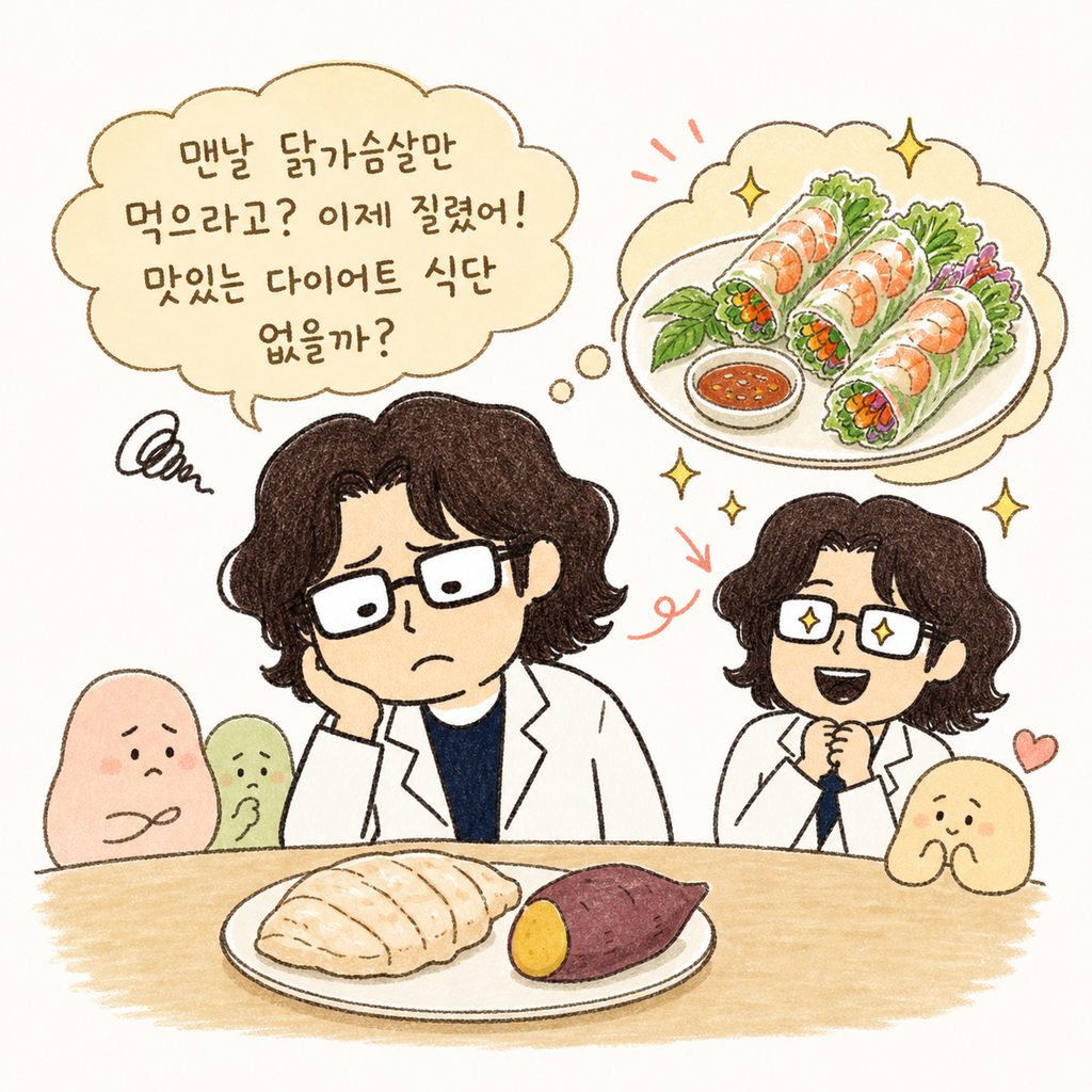 캐릭터가 식탁 위에 놓인 퍽퍽한 닭가슴살과 고구마를 보며 지루하고 슬픈 표정을 짓고 있다가, 머릿속으로 화려하고 맛있는 월남쌈 이미지를 떠올리며 눈이 반짝이는 모습