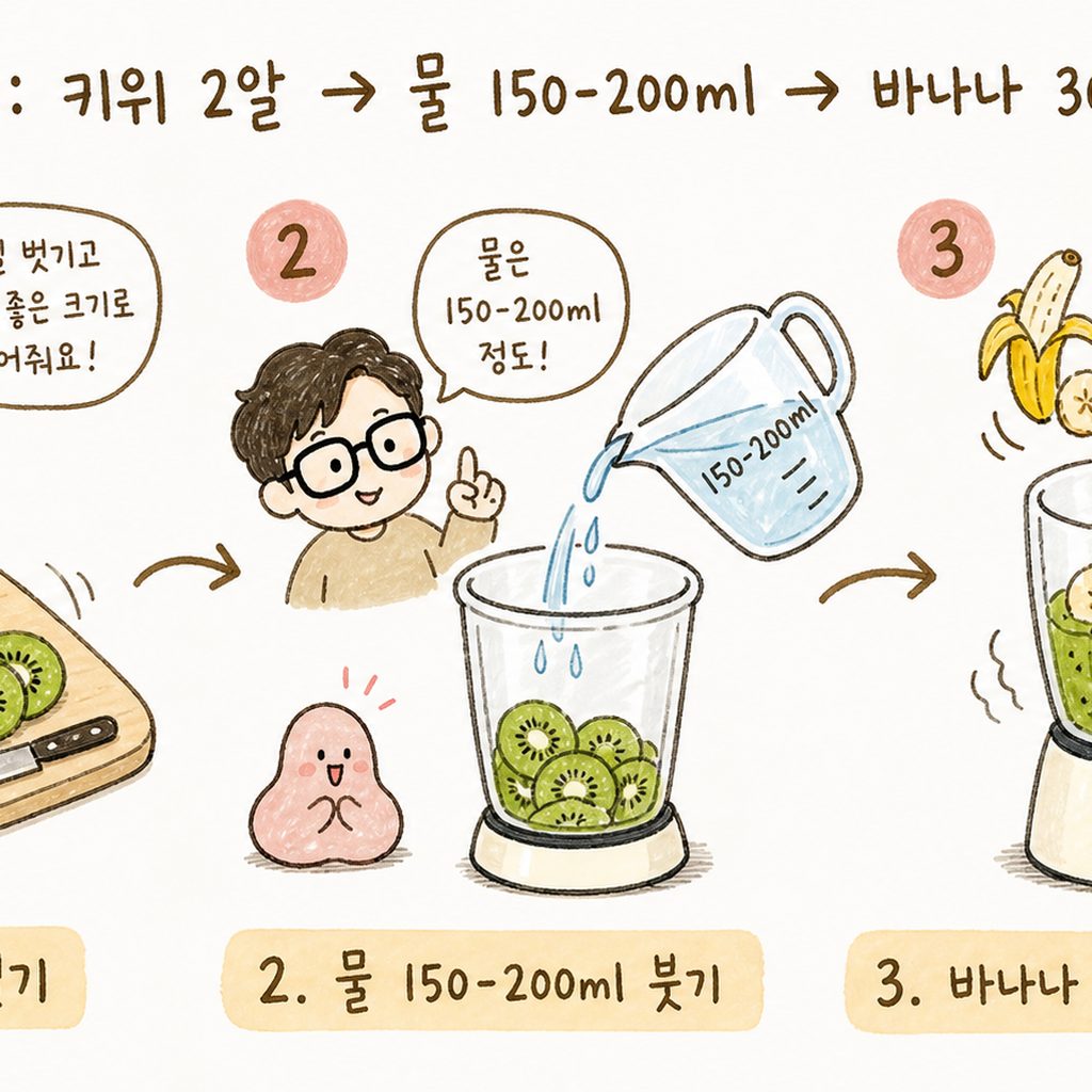 최연승 원장이 옆에서 가이드를 주는 형태로, 4단계 레시피 시퀀 스. 1. 키위 2알 썰기 $ o$ 2. 물 150-200ml 붓기 $ o$ 3. 바나나 30-50g 추가 $ o$