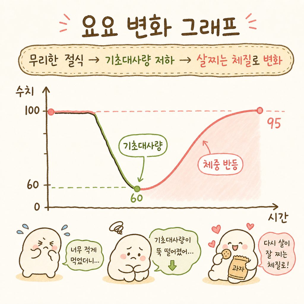 X축은 시간, Y축은 수치인 꺾은선 그래프. 급격한 체중 감소 시 기초대사량 수치가 뚝 떨어졌다가, 이후 체중이 빠르게 반등하는 곡선