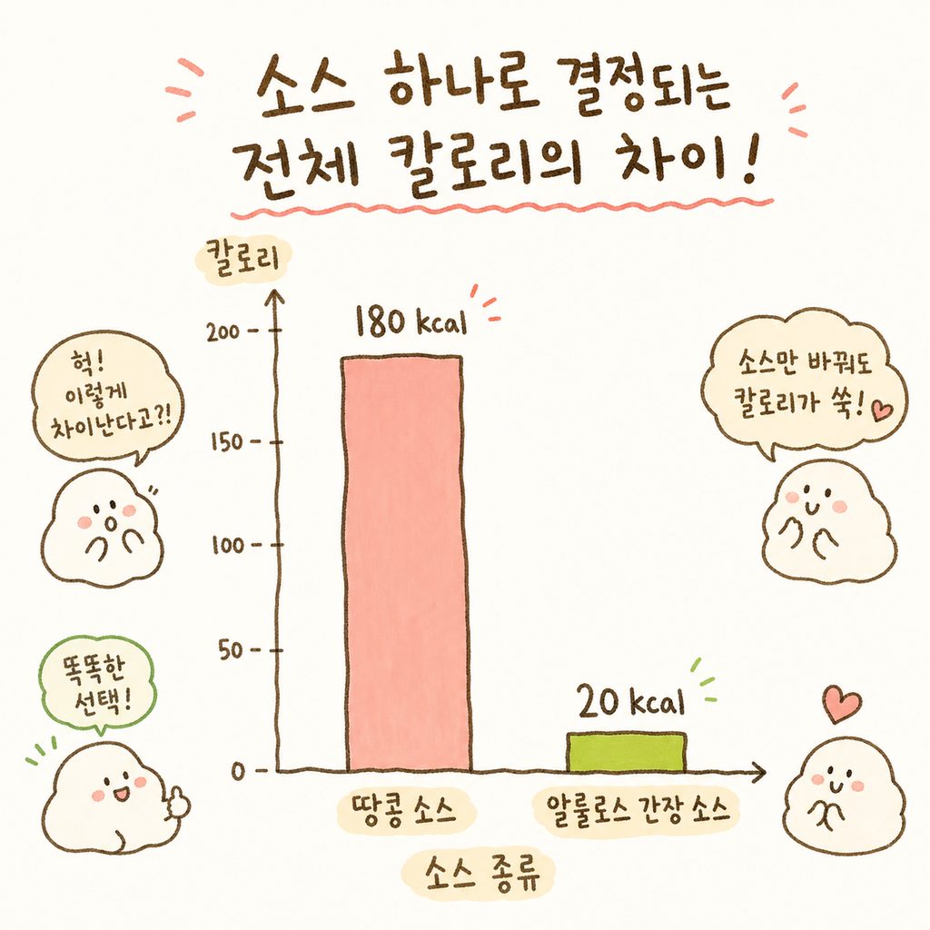 소스의 칼로리 차이를 보여주는 막대 그래프. '땅콩 소스'는 매우 높은 막대로, '알룰로스 간장 소스'는 매우 낮은 막대로 그려져 확연한 차이를 강조