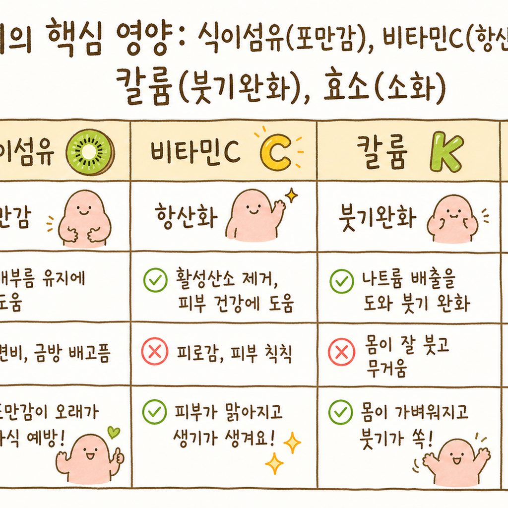 키위의 주요 영양 성분을 4가지 영역으로 나눈 깔끔한 비교 표. . 각 항목별로 작은 아이콘(섬유질, 비타민, 칼륨, 효소)이 곁들여져 있어 가독성 이 높음.