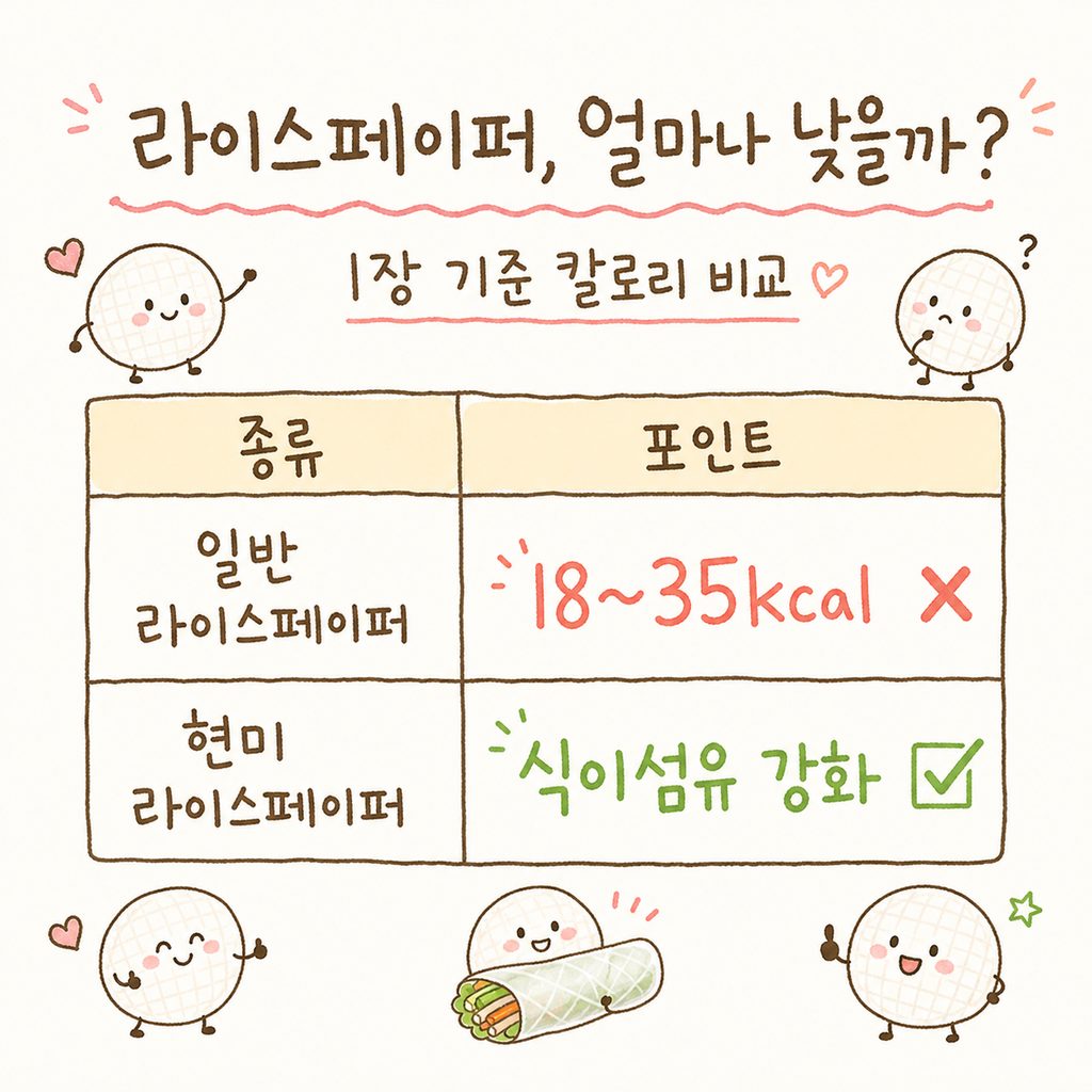 라이스페이퍼의 칼로리를 비교하는 간단한 표. [일반 라이스페이퍼: 18~35kcal / 현미 라이스페이퍼: 식이섬유 강화] 두 가지 항목을 깔끔한 표 형태로 시각화