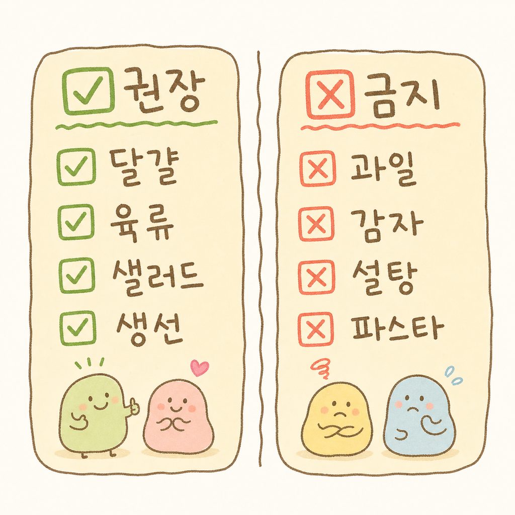 화면이 반으로 나뉘어 왼쪽에는 빨간색 X 표시와 금지 식품, 오른쪽에는 초록색 체크 표시와 권장 식품이 나열된 깔끔한 체크리스트 디자인.