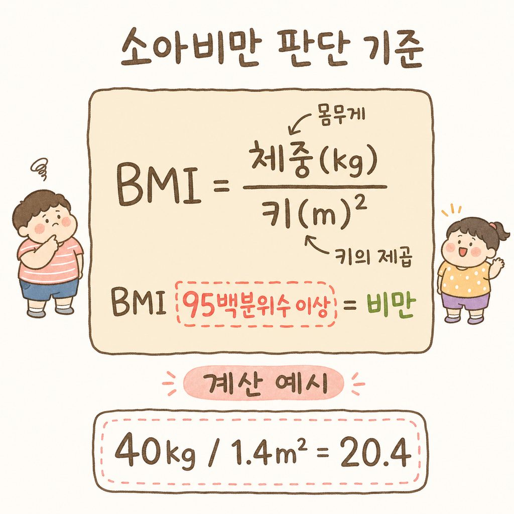 BMI 계산 공식(체중kg / 키m²)이 적힌 깔끔한 계산 박스와 함께 95백분위수 이상이 '비만'임을 강조하는 디자인