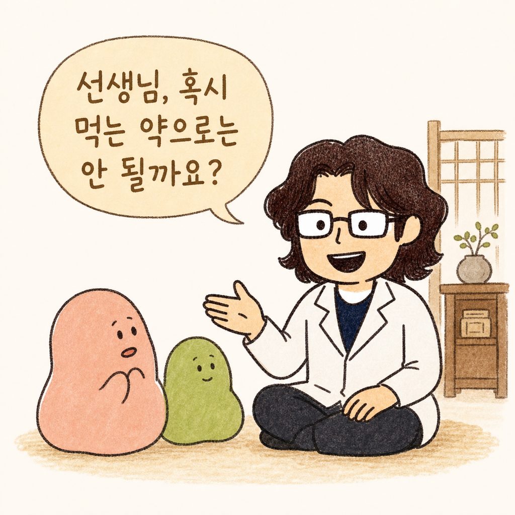 가운을 입은 친근한 인상의 한의사 캐릭터가 환자의 질문에 귀 기울이며 다정하게 설명하는 모습. 배경에는 진료실 분위기가 살짝 보임