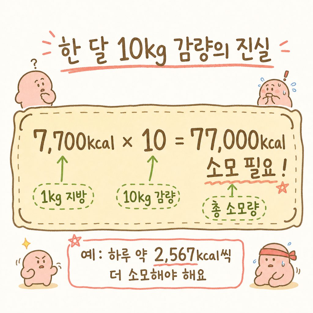 한 달 10kg 감량의 위험성을 보여주는 계산 박스. [1kg 지방 = 7,700kcal] → [10kg = 77,000kcal] 소모가 필요하다는 수식을 강조한 디자인