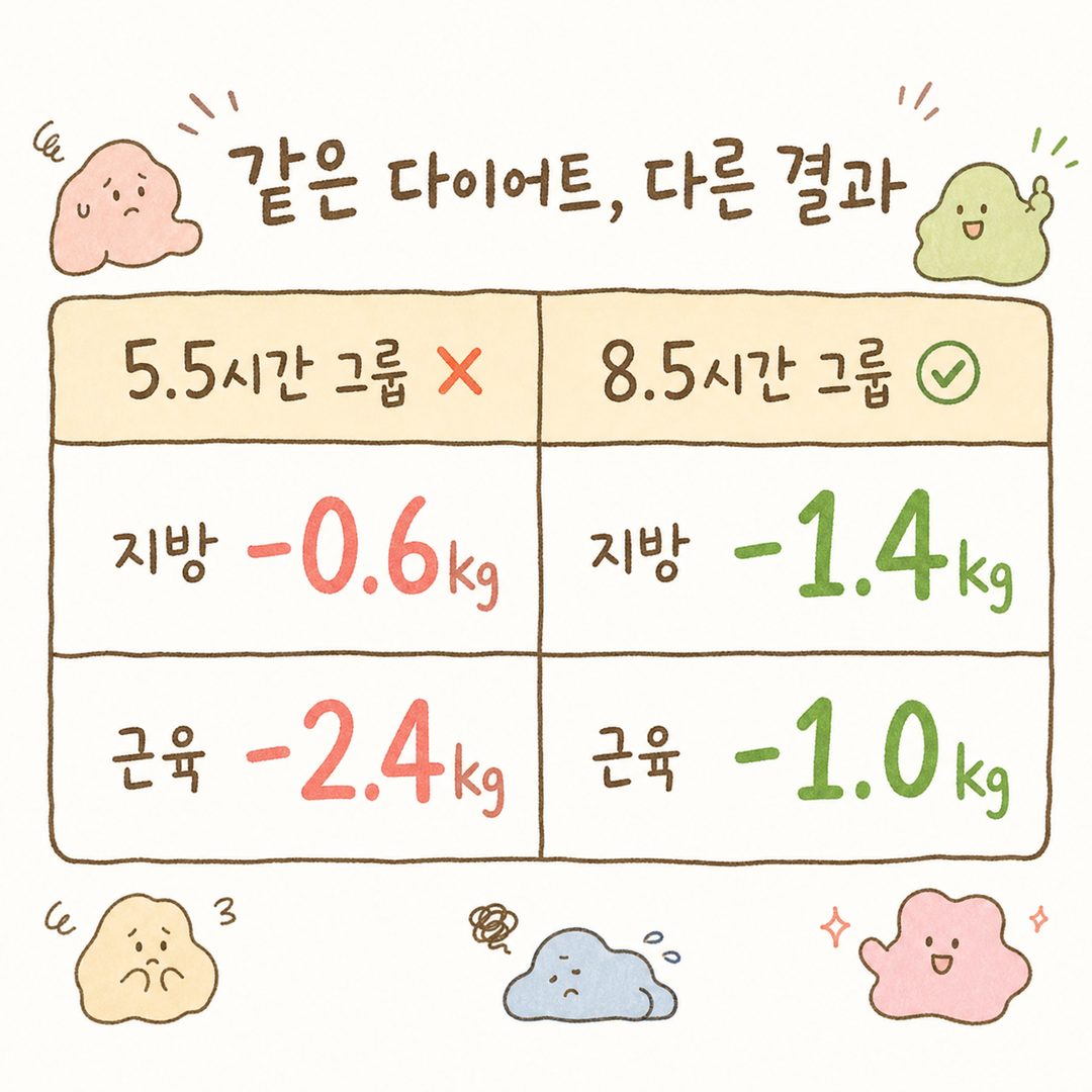 같은 칼로리 제한 다이어트 조건에서 5.5시간 수면 그룹과 8.5시간 충분한 수면 그룹의 감량 결과를 2열 비교표로 표현. 각 행은 '지방 감량', '근육 손실'을 명시