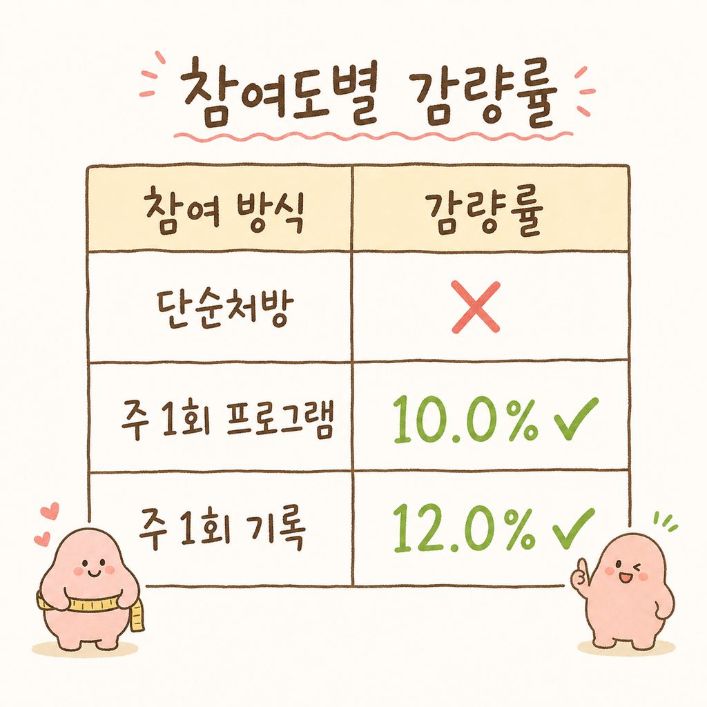 약 복용 여부와 기록/참여도에 따른 감량률 차이를 비교하는 깔끔한 표