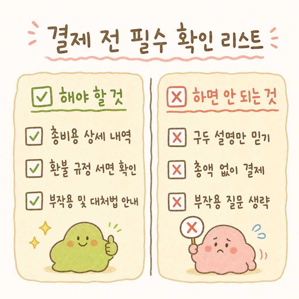 체크리스트 형태의 디자인. 총비용, 환불 규정, 부작용 설명 세 가지 핵심 항목 옆에 체크 표시(✅)가 되어 있는 모습.