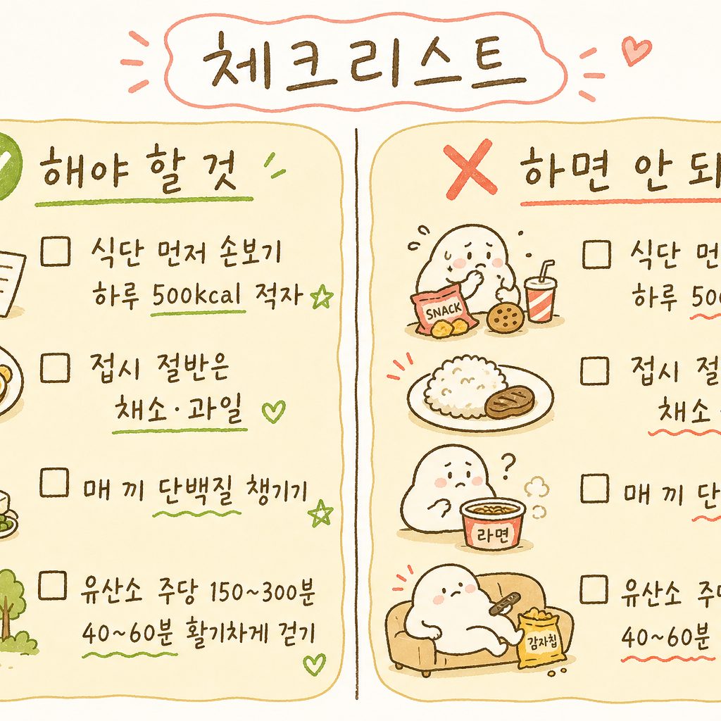 체크리스트 형식으로 오늘부터 실천할 4가지 핵심 항목을 배열 — 각 항목 옆 체크박스, 아이콘으로 식단·접시·단백질·운동 구분