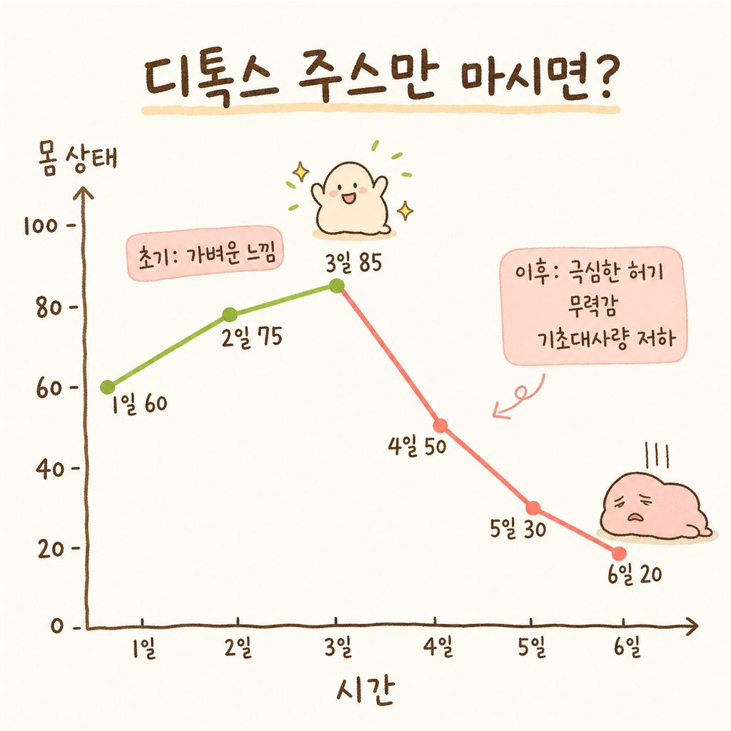 디톡스 주스만 섭취했을 때 시간 흐름에 따른 몸 상태 변화 그래프. 초기 3일은 상승(가벼움), 이후 급격히 하락(무력감, 대사 저하)