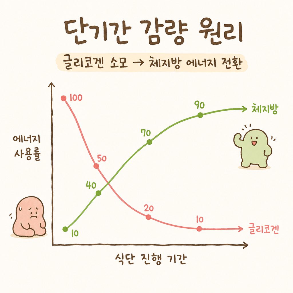 Simple line graph showing changes in energy sources during the diet period. Initial phase shows glycogen levels dropping sharply while fat utilization increases