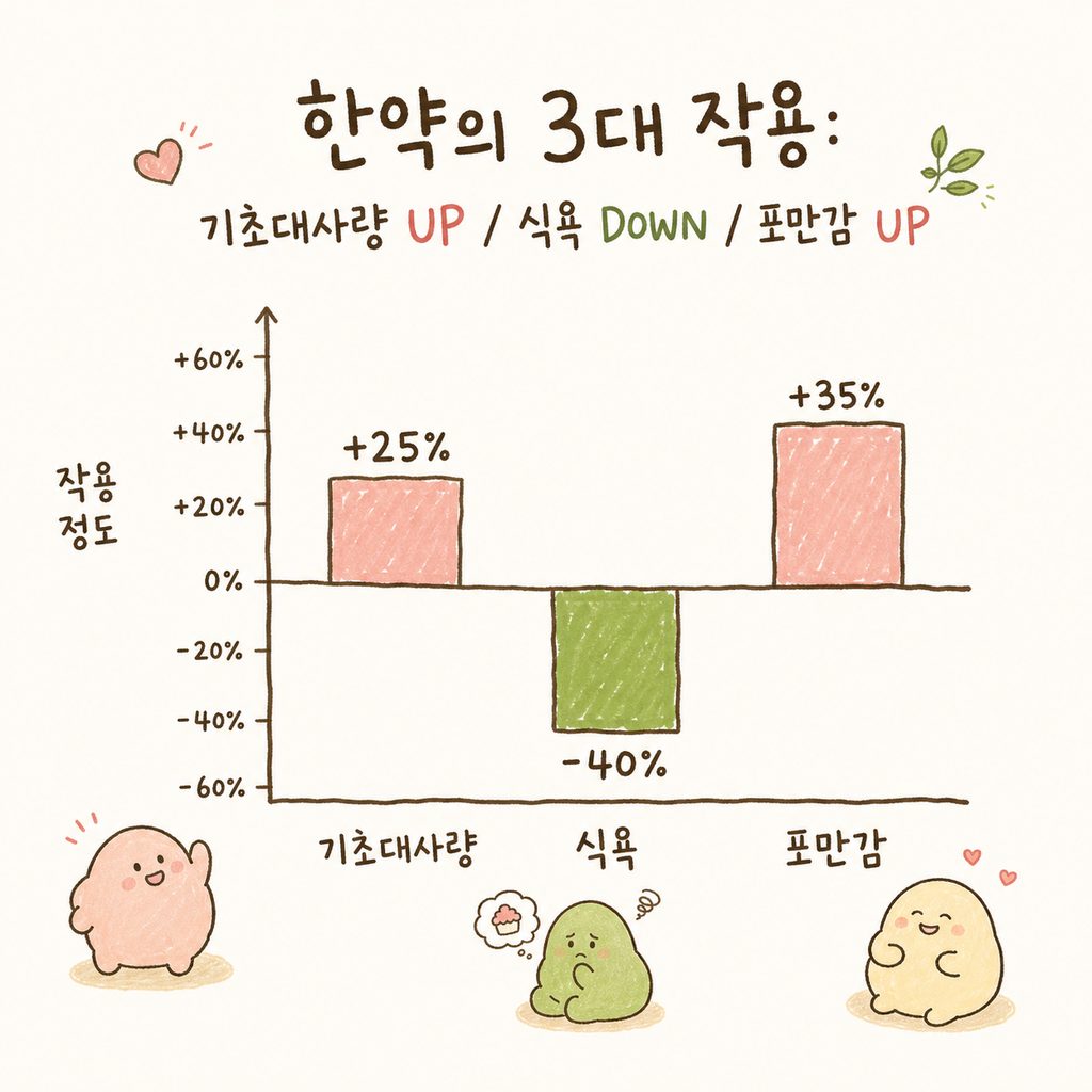 다이어트 한약의 3가지 핵심 기전을 나타내는 단순한 막대 그래프나 인포그래픽. 기초대사량 증가, 식욕 억제, 포만감 유도를 시각화.