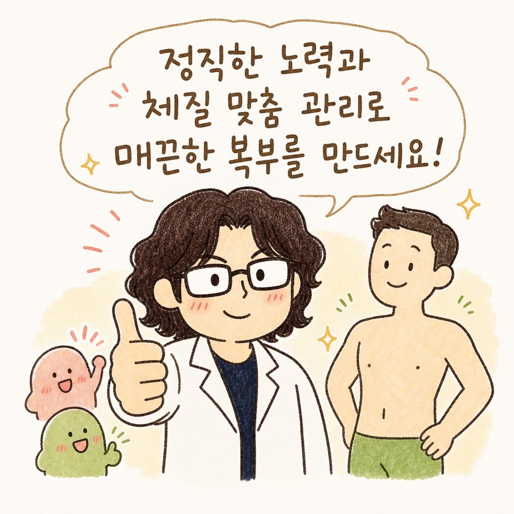 한의사 캐릭터가 자신감 있게 엄지 손가락을 치켜세우며, 건강해진 남성 실루엣이 옆에 함께 있는 마무리 컷