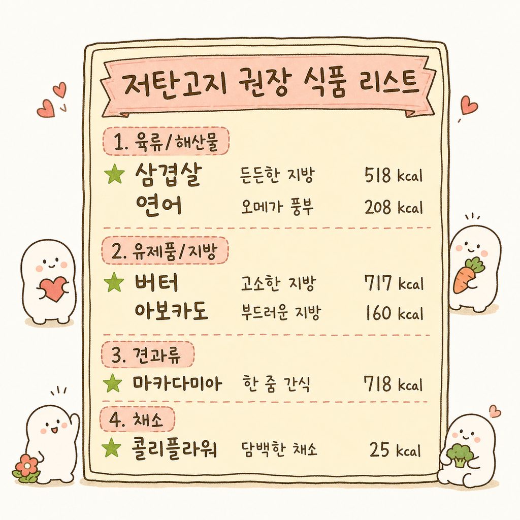 추천 식품 메뉴보드 스타일. 1. 육류/해산물(삼겹살, 연어), 2. 유제품/지방(버터, 아보카도), 3. 견과류(마카다미아), 4. 채소(콜리플라워) 4가지 카테고리로 깔끔하게