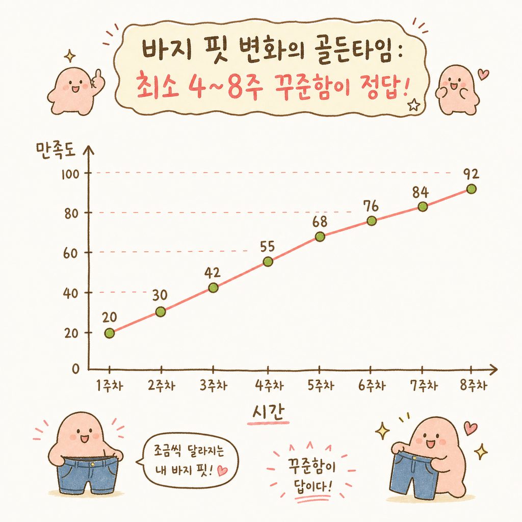 1주차부터 8주차까지 시간이 흐름에 따라 바지 핏의 만족도가 점 차 상승하는 것을 보여주는 단순한 우상향 꺾은선 그래프