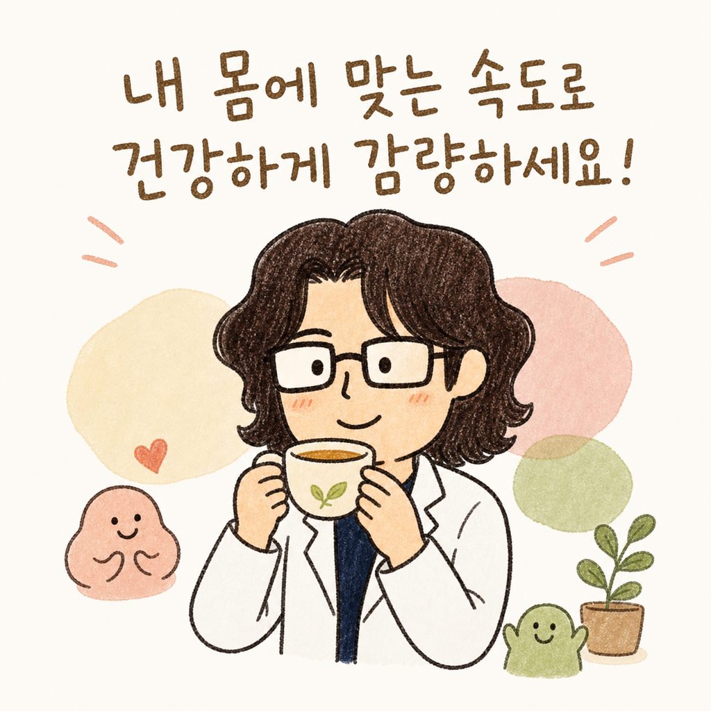 캐릭터가 안심한 표정으로 차 한 잔을 마시며 편안하게 웃고 있는 모습. 배경에 부드러운 파스텔 톤의 빛이 퍼짐