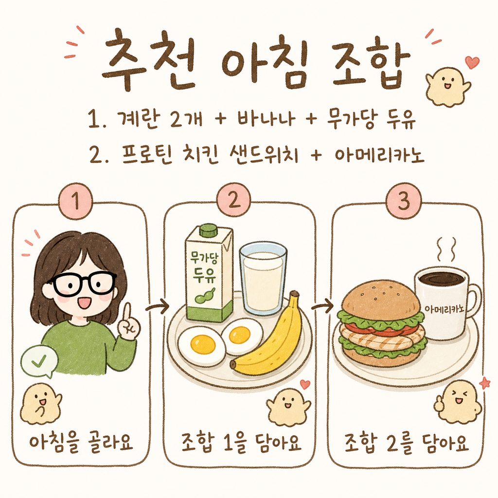 Sequence images showing two recommended breakfast combinations served on separate plates by a character