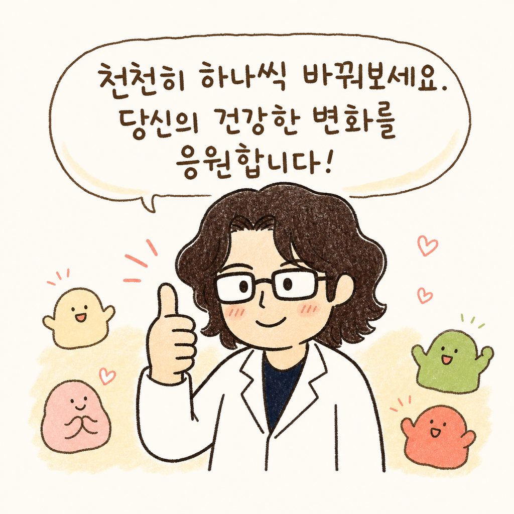 캐릭터가 따뜻한 미소를 지으며 엄지손가락을 치켜세우고 건강한 변화를 응원하는 마무리 모습