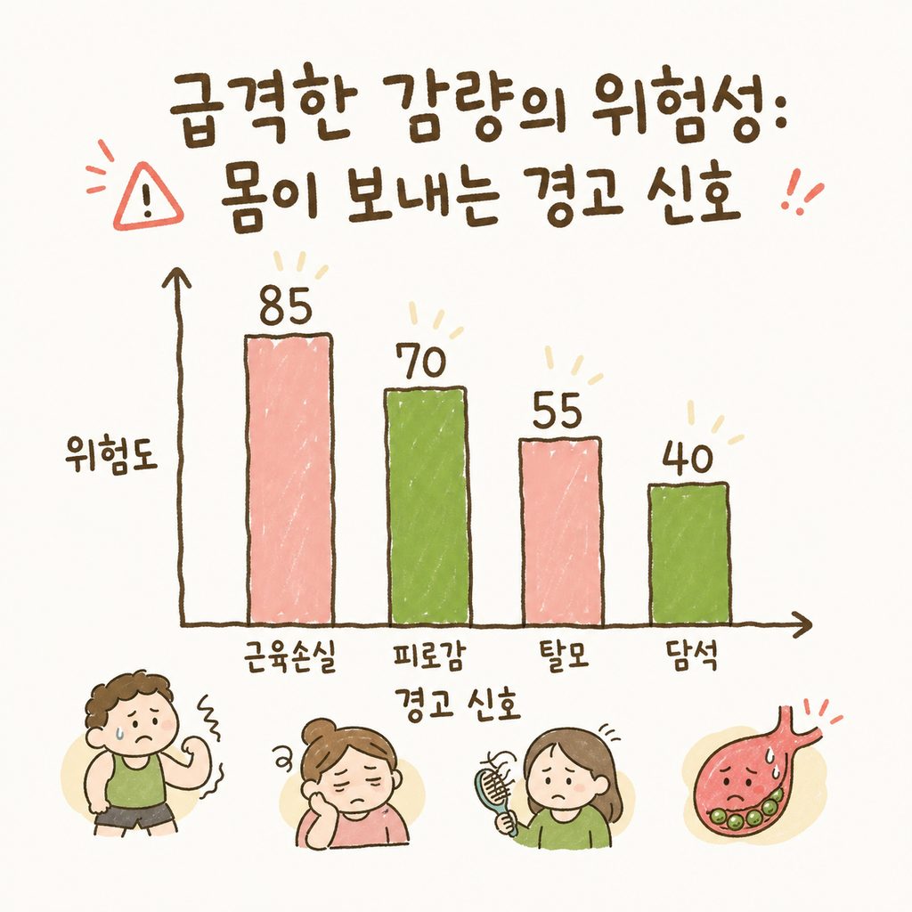 극단적 감량 시 발생하는 부작용(근육손실, 피로감, 탈모, 담석)의 상관관계를 보여주는 경고성 그래프나 인포그래픽