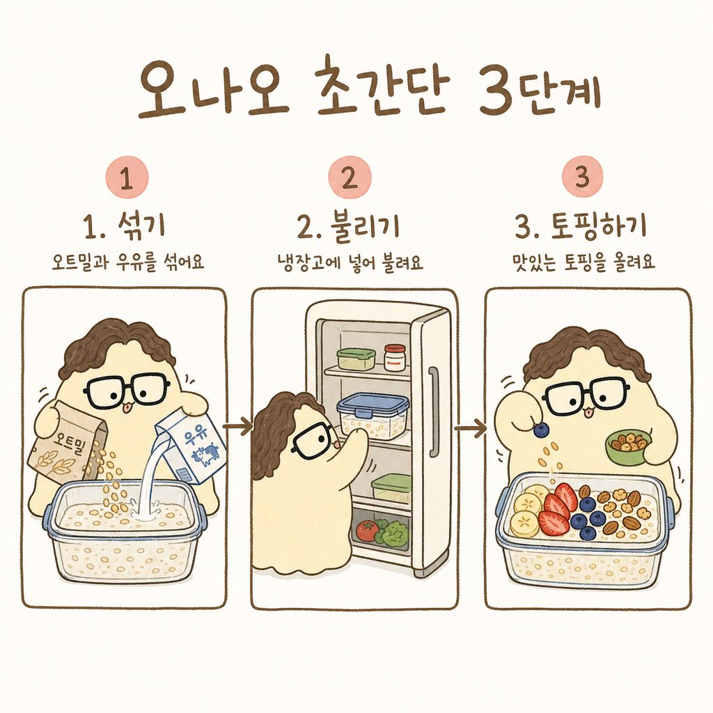 캐릭터가 밀폐용기에 오트밀과 우유를 붓고 냉장고에 넣은 뒤 토핑을 올리는 과정을 3단계로 나누어 보여주는 컷