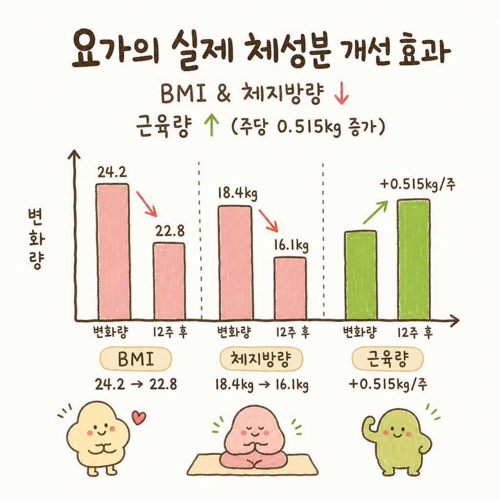 요가 프로그램 12주 후의 변화를 나타내는 단순한 막대 그래프. BMI와 체지방량은 낮아지고 근육량은 상승하는 화살표 표시