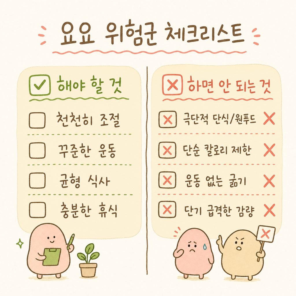 체크리스트 형태의 이미지. 위험 항목 옆에 붉은색 X 표시와 체크박스가 배치된 깔끔한 레이아웃.
