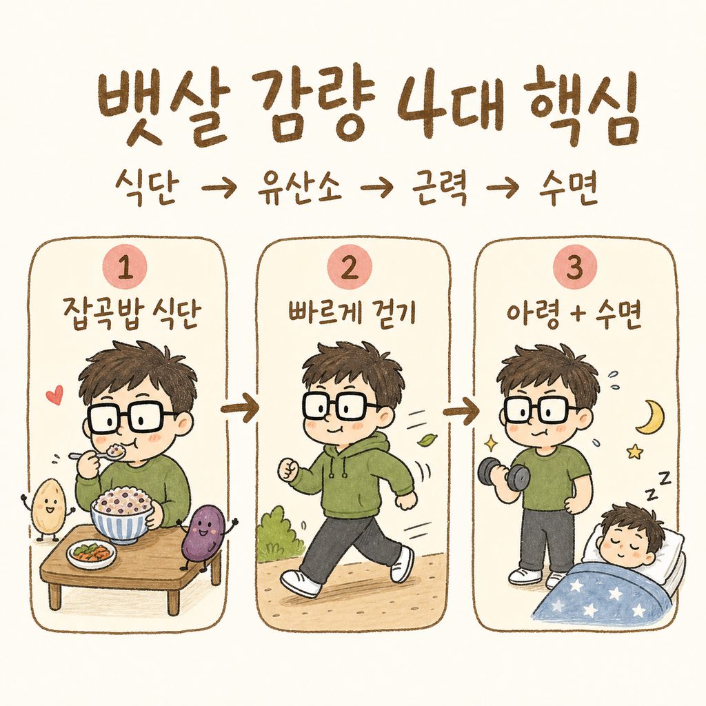 남성 캐릭터가 4단계의 생활 습관을 실천하는 분할 컷. 1. 잡곡 밥 식사, 2. 빠르게 걷기, 3. 아령 운동, 4. 편안하게 잠든 모습