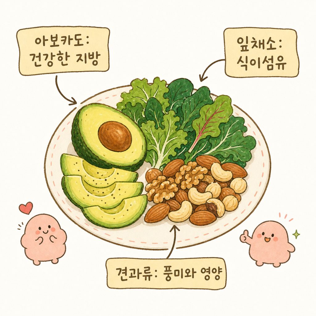 아보카도와 잎채소, 견과류가 담긴 접시 이미지에 각각의 효능을 가리키는 화살표와 라벨이 붙어 있는 컷